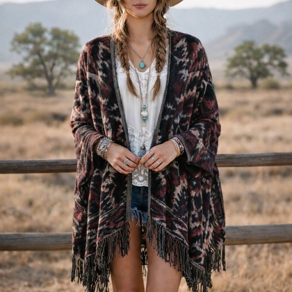 Lucky Brand Sweaters - Lucky Brand Boho Romantic Southwestern Fringe Cardigan‎ Wrap Sweater Womens M